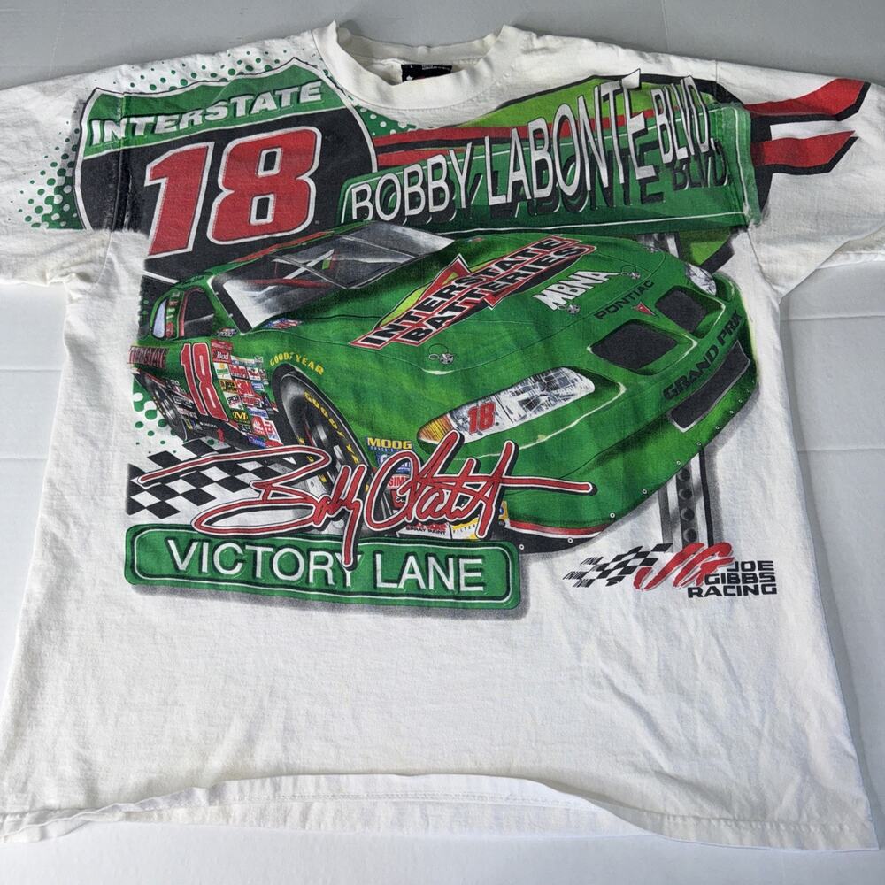 Vtg Bobby LaBonte NASCAR Racing T-Shirt Men Sz L Green AOP Interstate All Over